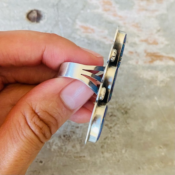 SOLD ♥️ Navajo ♥️ Signed Sterling Silver & Blue Purple Lab Opal Hearts Ring - Picture 6 of 12